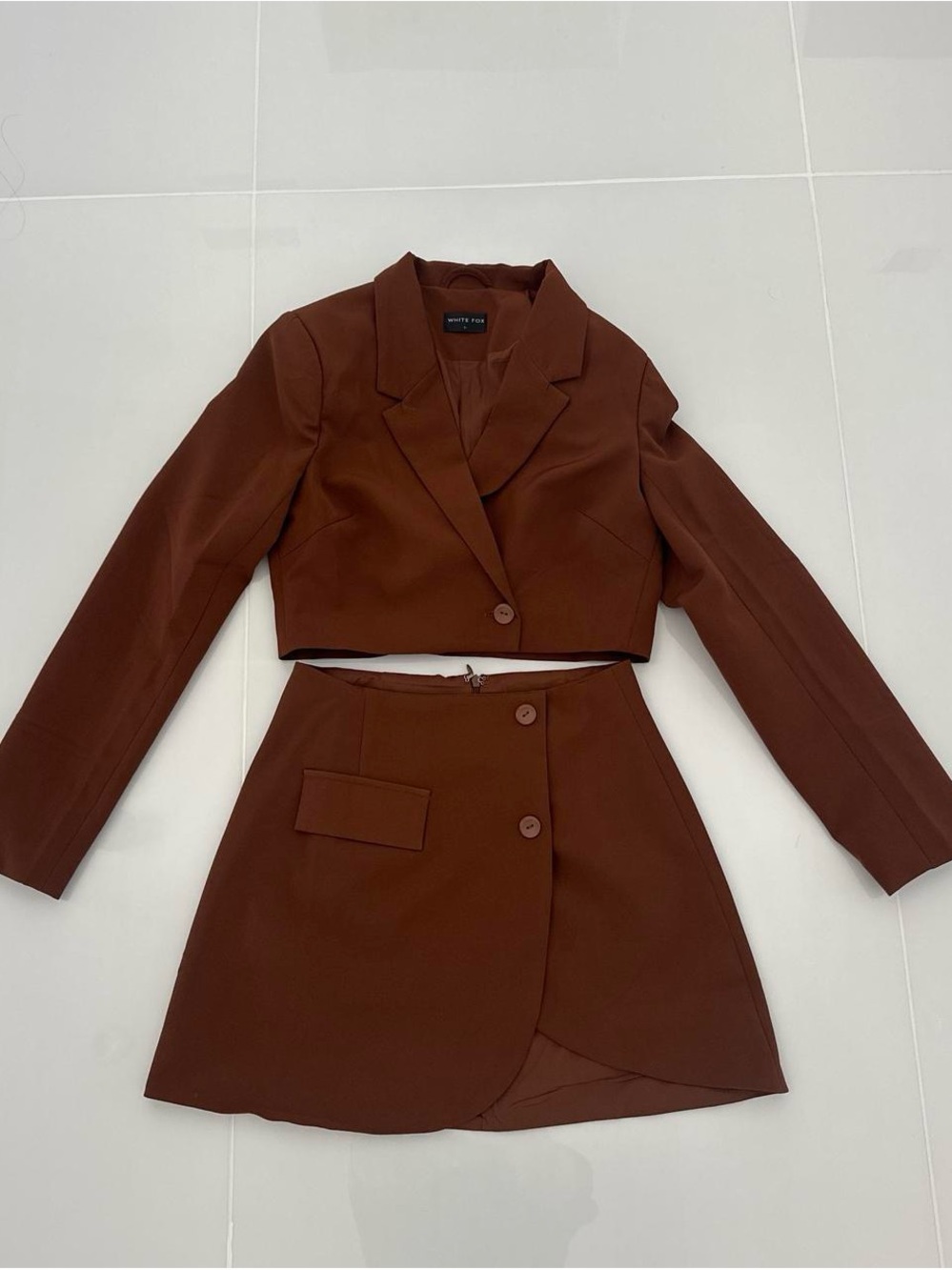Tiger Mist Brown Cropped Blazer & Skirt Set